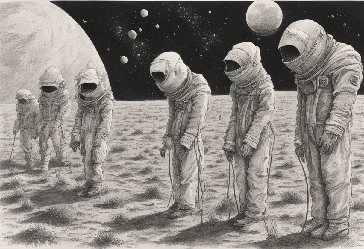 Scarecrows in space AI art black and white.